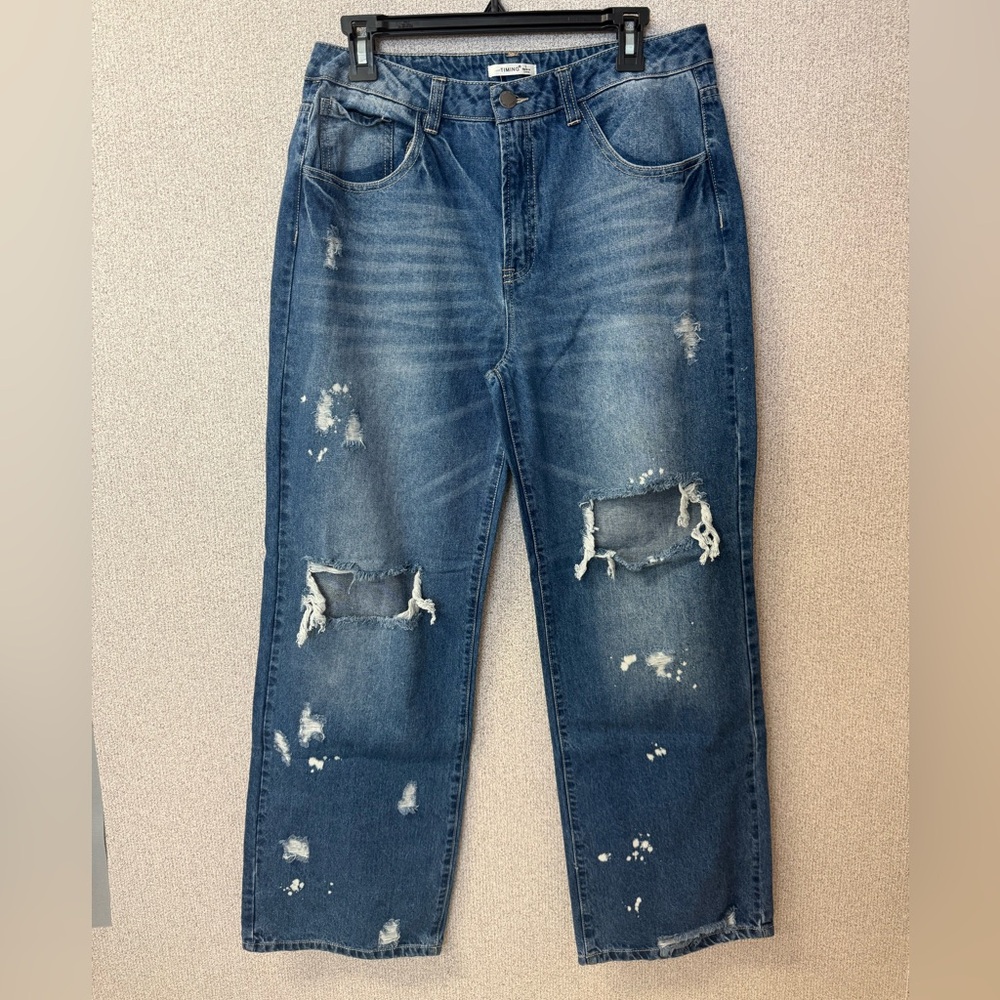 Timing Los Angeles Women Size Large Wide Leg Distressed Paint Splash Denim Jeans